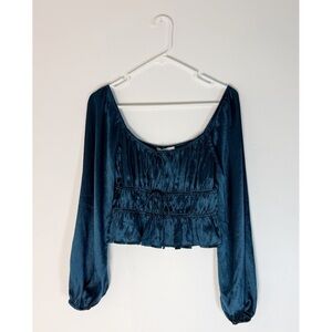 All in Favor Teal Satin Peasant Blouse